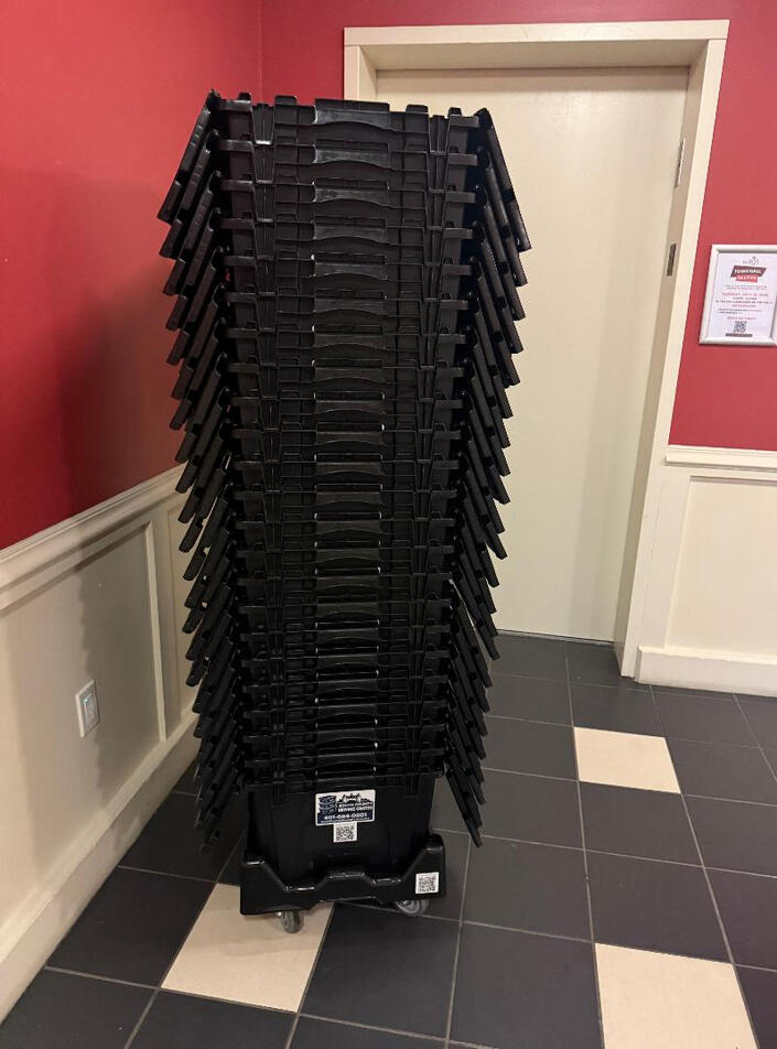 Untitled 40-Crate delivery Providence, RI Stacked outside elevator