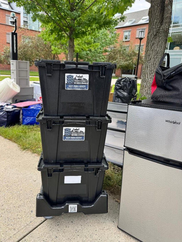 Packed Crates on a dolly at Keene NH college move